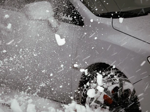 Illustration of a car under a snowflake with protective winter gear symbols.