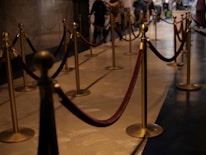 A series of brass stanchions with red velvet ropes create a queue in an indoor setting. The floor is polished, and there are people in the background, giving a sense of activity in the area.