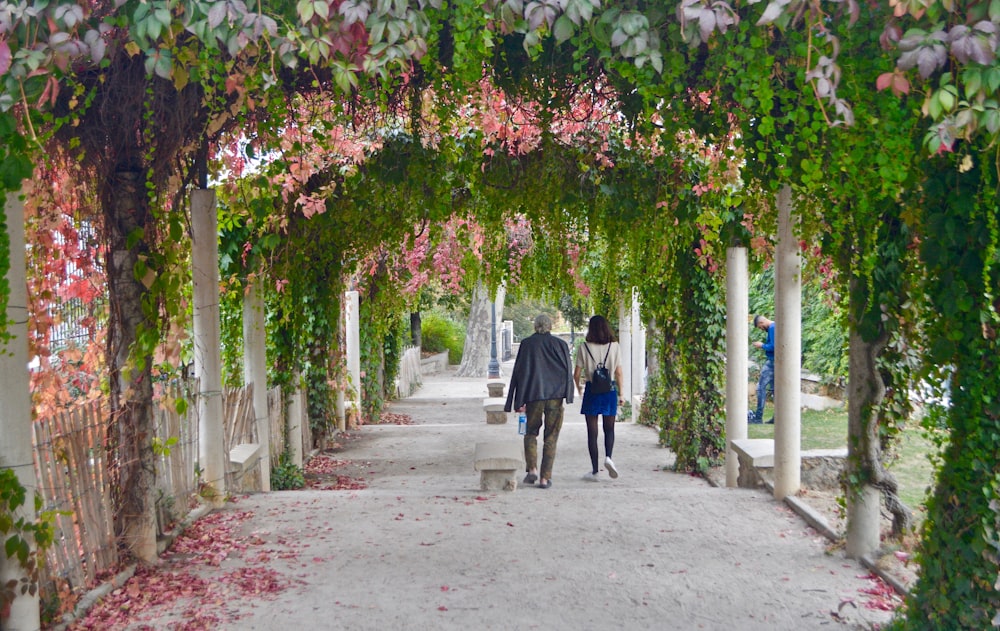 couple walking on pathway with flowering vines