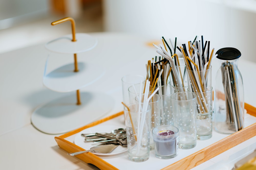 clear drinking glasses in tray