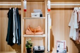 brown leather bag in shelf