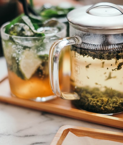 clear glass mug on tray