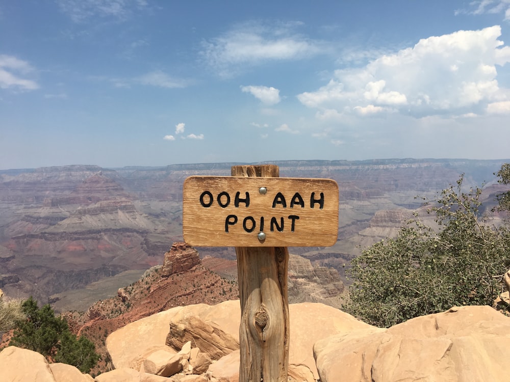 black "ooh aah point" print on wooden signage