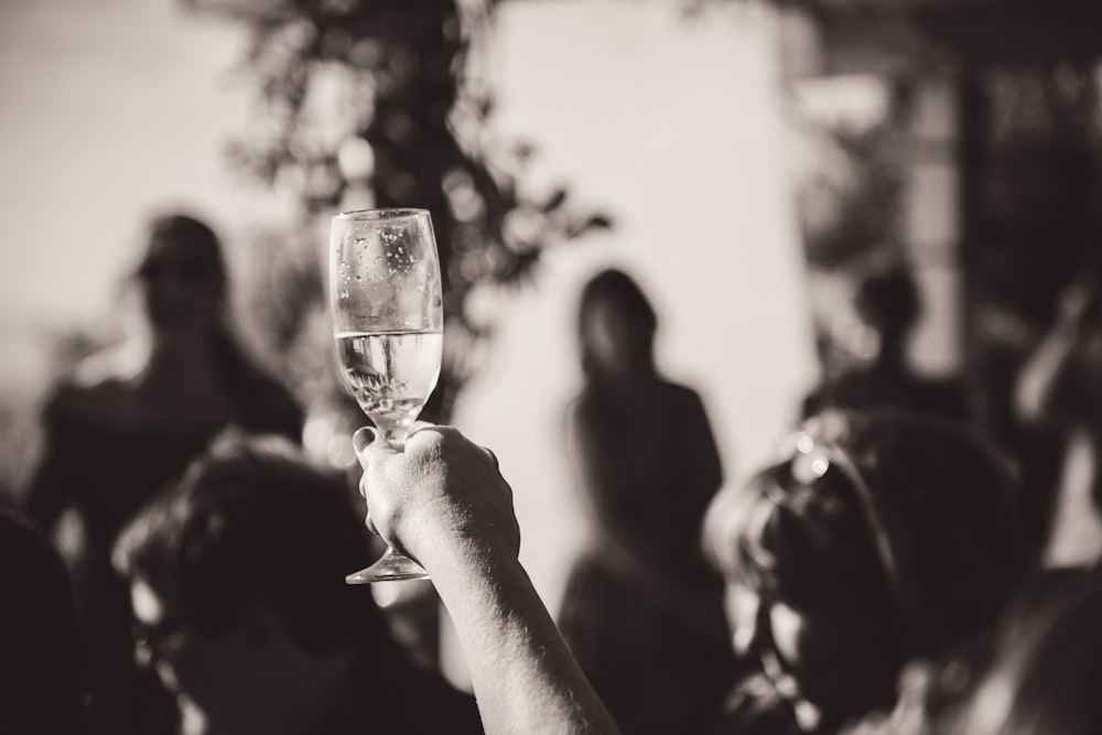 grayscale photography of person holding wine glass