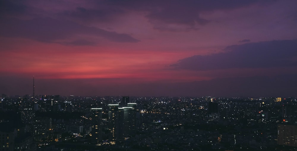 cityscape under purple sky