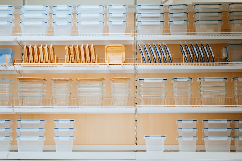 glass and plastic containers on display