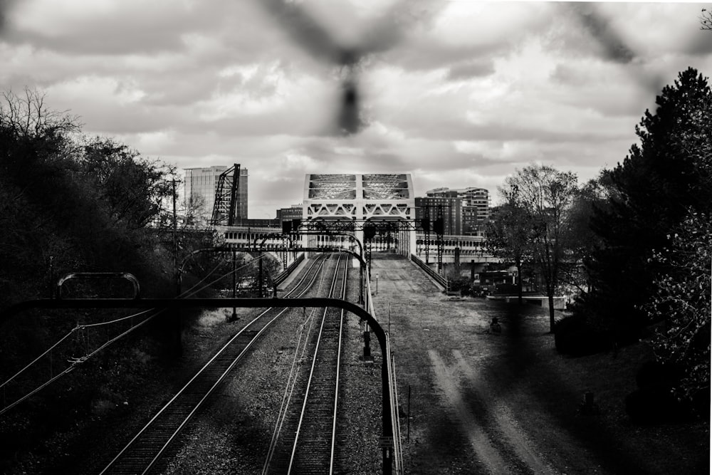 Foto en escala de grises de la vía del tren durante el día