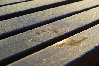 A set of evenly spaced wooden planks, possibly part of a bench or a deck. They have a smooth surface with some visible wear and horizontal grooves running along the length. Natural light casts soft shadows, highlighting the grooves and giving the wood a textured appearance.