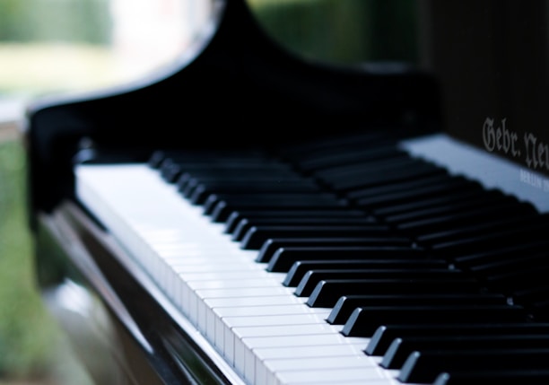 black and white piano in close-up photography