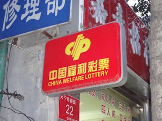 A red sign displaying the text 'China Welfare Lottery' in both Chinese and English, mounted on the exterior of a building. The surroundings include a blue sign with Chinese characters and a partial tree trunk visible on the right side.