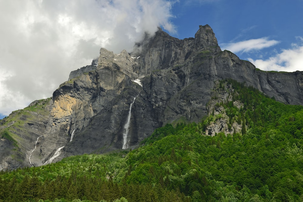 mountain with waterfalls surrounded with trees