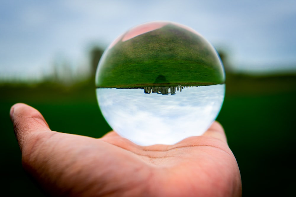 person holding clear ball