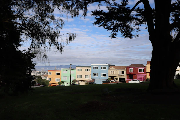 A vibrant neighborhood street with charming houses and leafy trees under a clear sky.