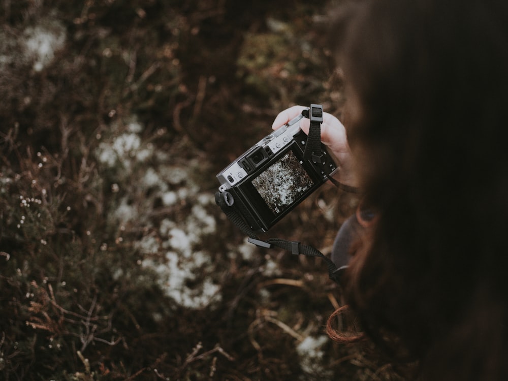 person holds camera and takes photo of flower