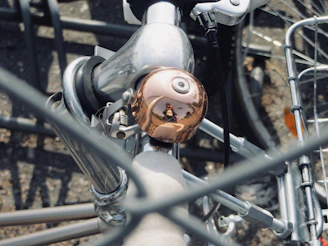 Shiny silver bike bell attached to a vintage cruiser handlebar, sunny afternoon light.