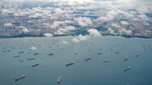 Aerial view of numerous cargo ships scattered across a large body of water near a coastline. Puffy white clouds hover over the scene, casting soft shadows on the water. In the distance, urban landscape with clusters of buildings and green areas is visible.