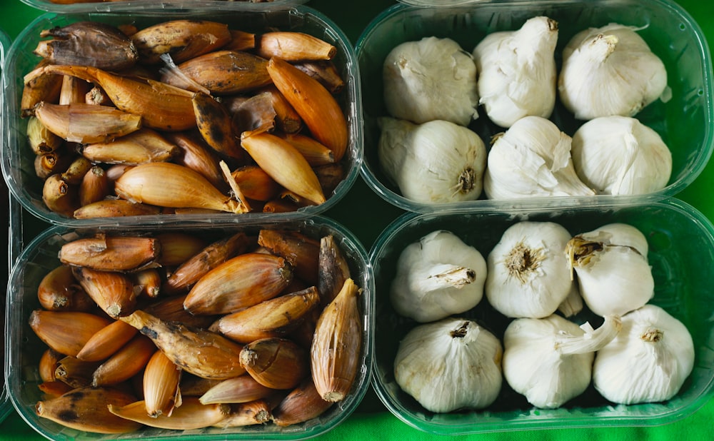 garlic and nuts in baskets