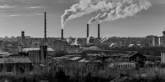 grayscale photography of factory