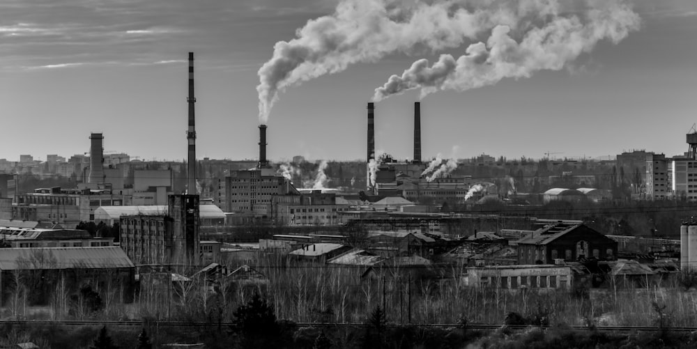 grayscale photography of factory