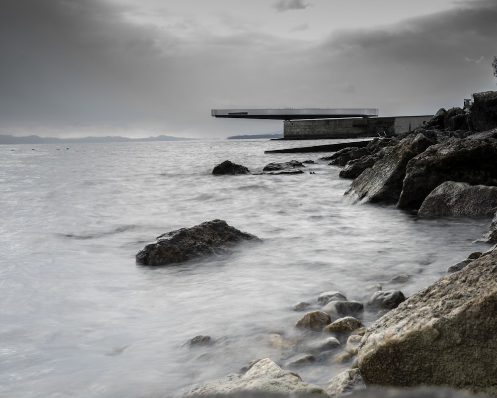 grayscale photo of calm sea and beach cliff