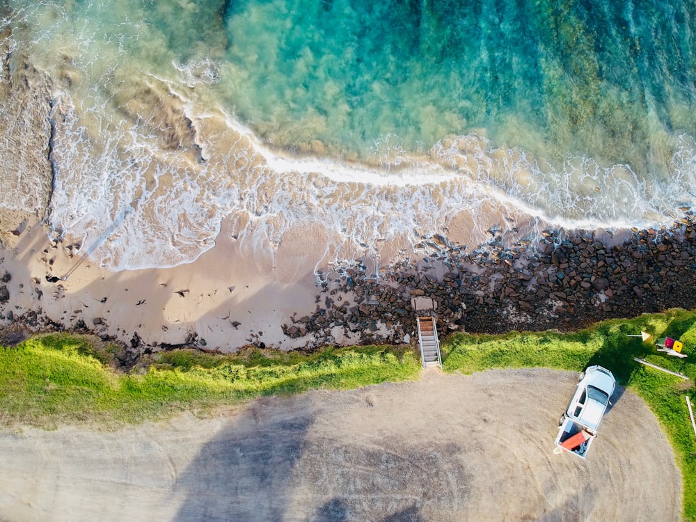 aerial view of white pickup truck