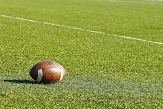 A football rests on a green field marked with white lines. The ball is positioned on the grass, with shadows suggesting sunlight.