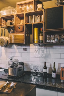 A warm cozy kitchen countertop with freshly prepared dishes ready to serve