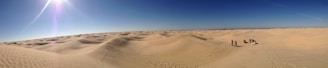 Expansive sand dunes stretch across the landscape under a clear blue sky, with several people and camels visible in the distance, creating tracks on the sand.