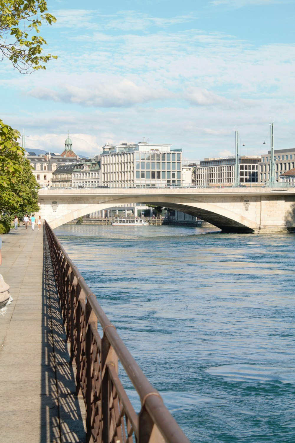 a bridge over a body of water with buildings in the background