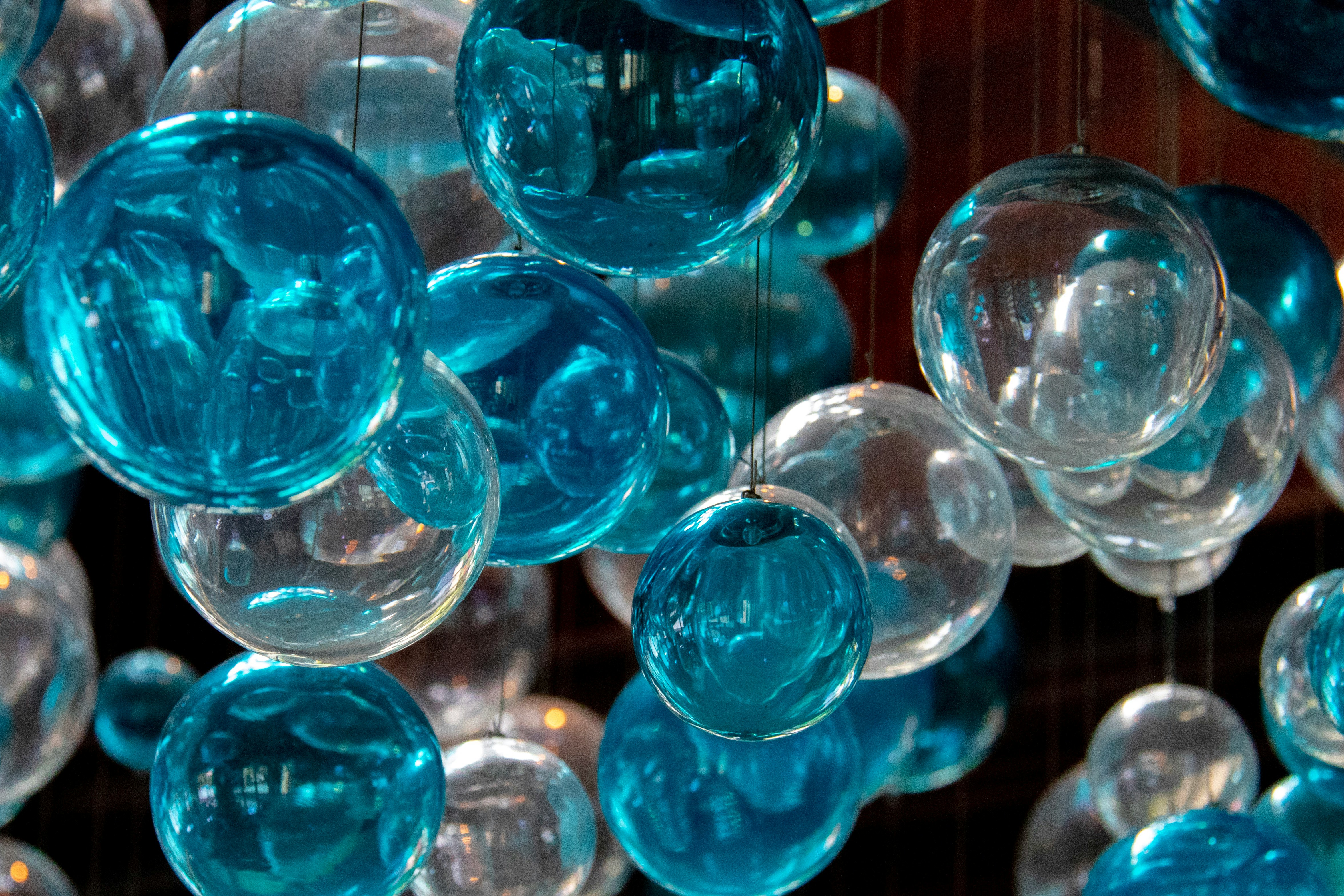 hanging blue and white glass baubles