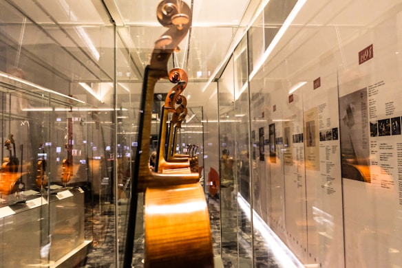 A series of violins displayed in a glass case, with reflections visible on the glass walls. The setting appears to be a museum or exhibition with informational panels on the walls. The lighting is warm and creates a reflective, glossy effect.