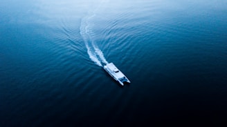 A lone catamaran glides smoothly across a vast expanse of calm blue water, leaving a trail of gentle ripples behind. The scene is serene and tranquil, capturing the peacefulness of open waters.