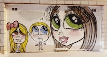 The image features a vibrant mural depicting three stylized cartoon characters with exaggerated features such as large eyes and big smiles. The characters are painted on a white tiled wall, adding a playful and whimsical vibe.