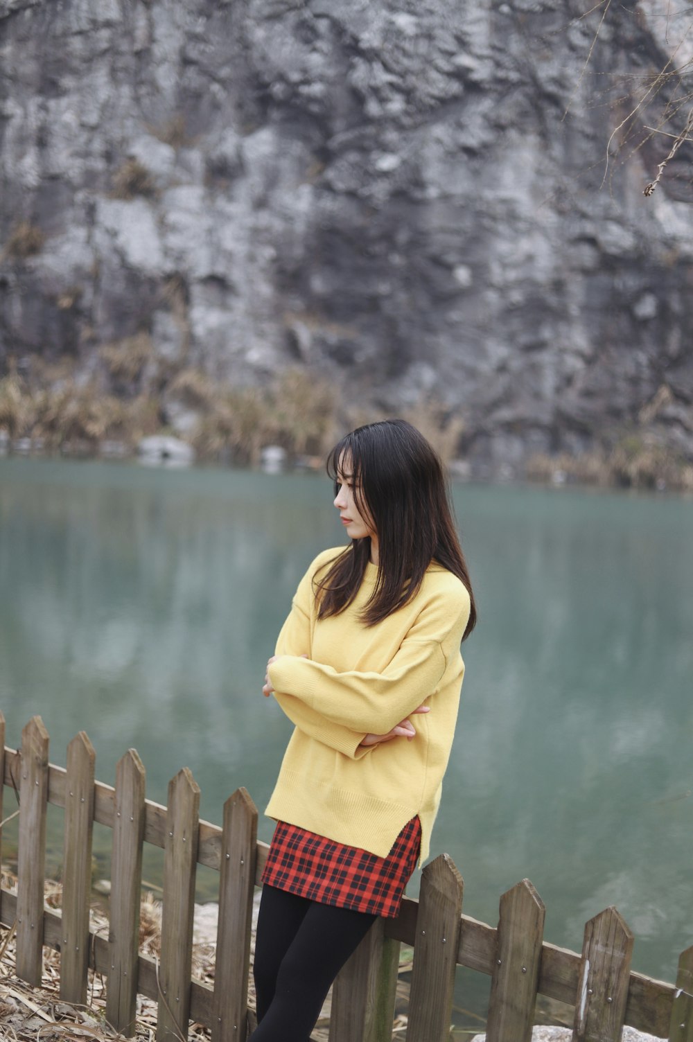Donna che si appoggia al cancello di legno marrone vicino al lago durante il giorno