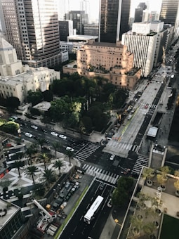 An aerial view of an urban area featuring several high-rise buildings, intersecting roads, and a well-maintained park with green trees. The streets are bustling with vehicles, including a visible white bus, and pedestrians can be seen crossing. The buildings exhibit varying architectural styles and heights, with sunlight casting shadows across the scene.