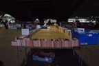 A makeshift outdoor bookstall displays a wide array of books organized in rows on tables. Signs indicate different genres like Sci-Fi and Fantasy. The setting is under a bridge with graffiti-covered walls and city lights in the background, creating a dimly lit yet vibrant urban atmosphere.