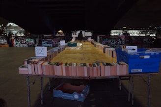 A makeshift outdoor bookstall displays a wide array of books organized in rows on tables. Signs indicate different genres like Sci-Fi and Fantasy. The setting is under a bridge with graffiti-covered walls and city lights in the background, creating a dimly lit yet vibrant urban atmosphere.