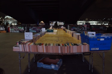 A makeshift outdoor bookstall displays a wide array of books organized in rows on tables. Signs indicate different genres like Sci-Fi and Fantasy. The setting is under a bridge with graffiti-covered walls and city lights in the background, creating a dimly lit yet vibrant urban atmosphere.