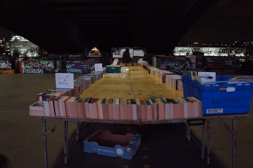 A makeshift outdoor bookstall displays a wide array of books organized in rows on tables. Signs indicate different genres like Sci-Fi and Fantasy. The setting is under a bridge with graffiti-covered walls and city lights in the background, creating a dimly lit yet vibrant urban atmosphere.