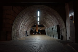 A dimly lit tunnel with a brick ceiling creates an atmospheric setting. A musician plays a brass instrument on the left side, while a group of people walk toward the far end. Modern lighting enhances the textured walls, and an industrial atmosphere prevails.