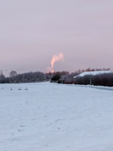 A snowy field stretches into the distance with a line of trees on the horizon. In the background, a factory emits a plume of smoke into a pale, overcast sky, creating a stark contrast with the white snow. The scene is serene yet industrial, blending nature and human impact.