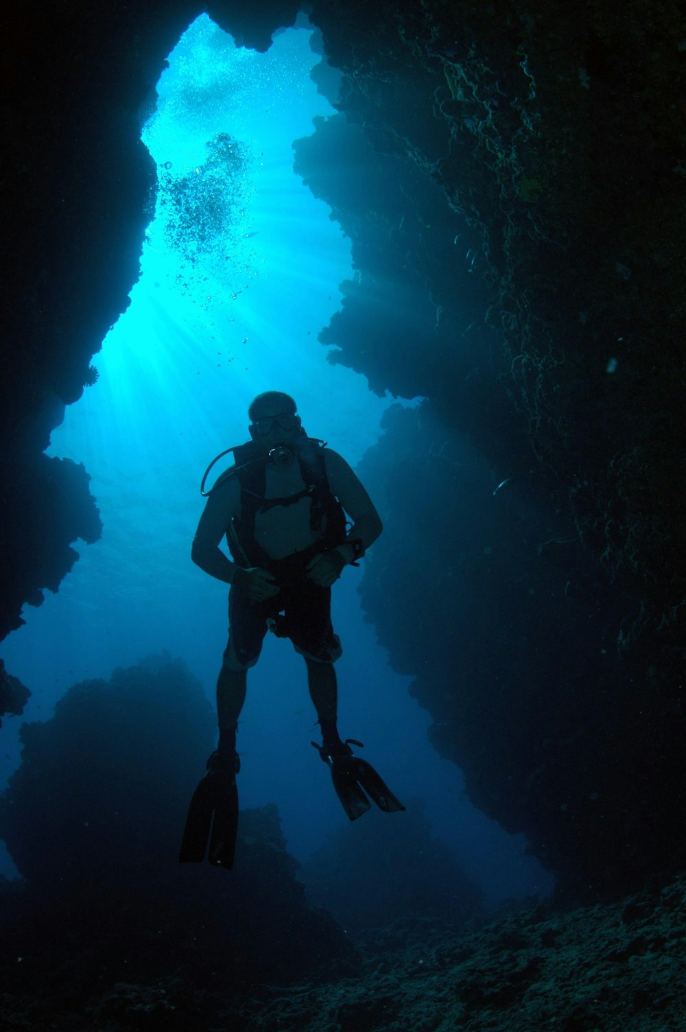 person scuba diving underwater during daytime