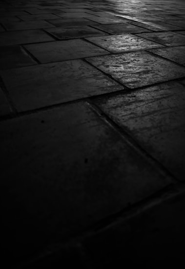 Dimly lit tiled floor with a textured and reflective surface. The tiles are arranged in an offset pattern, illuminated partially by a light source, creating a somber and shadowy effect.