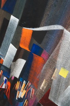 a painting of a cityscape with lots of colors