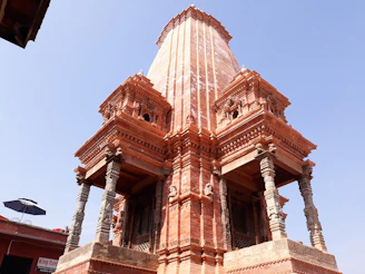 Rows of intricately carved temple pillars standing tall against a clear sky.