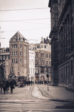 A European city street scene with historic architecture, featuring ornate buildings with decorative facades. The cobblestone street is bustling with pedestrians, and tram tracks run along the center. Shops and streetlights are visible, adding to the lively atmosphere.