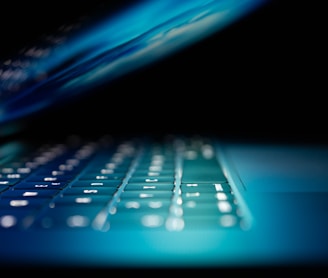 closeup photo of turned-on blue and white laptop computer