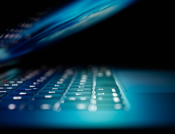 closeup photo of turned-on blue and white laptop computer