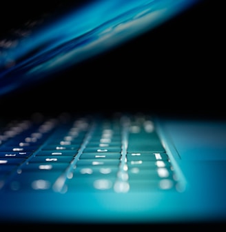 closeup photo of turned-on blue and white laptop computer