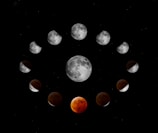 Phases of the moon arranged in a circular pattern against a black background, including a central full moon and transitioning through a total lunar eclipse with a blood-red hue.